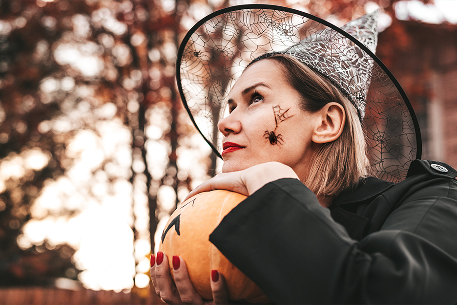 Woman wearing Halloween makeup that’s gentle on her skin