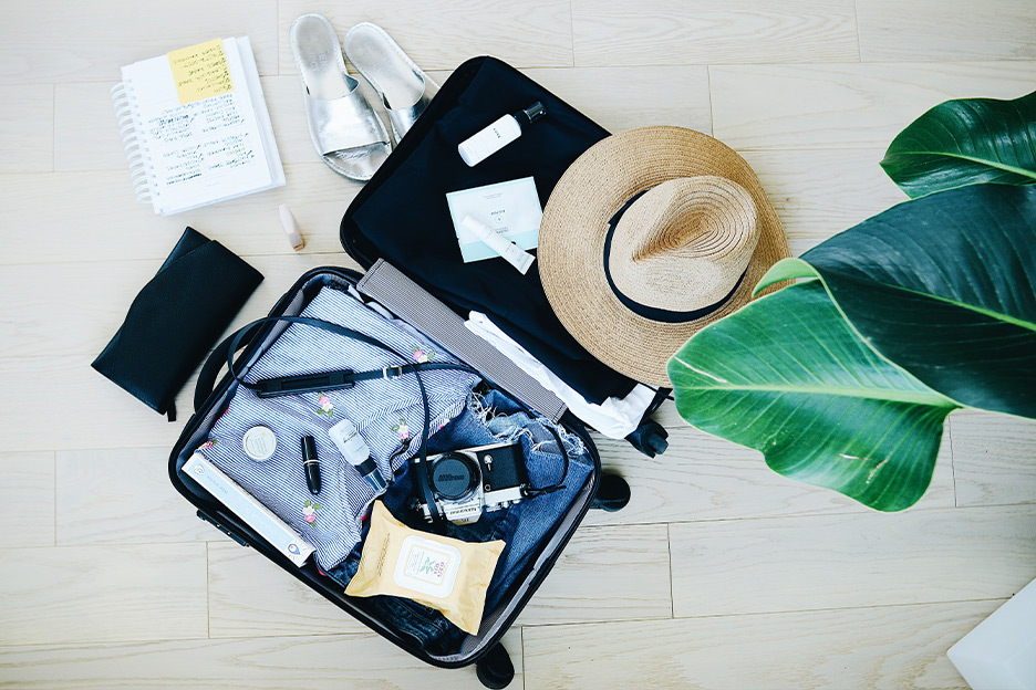 A suitcase containing all the necessary items for a trip.