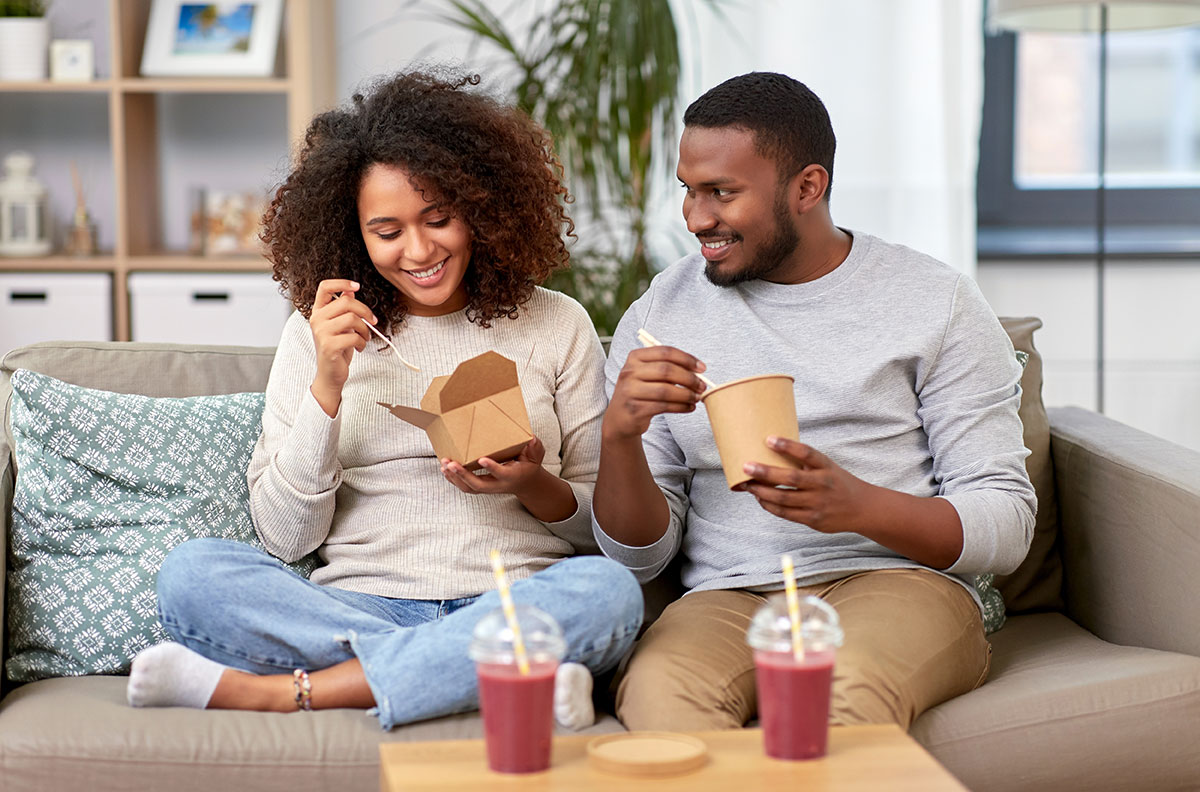 A couple celebrating Valentine’s Day at home.